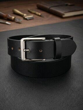 Men Genuine Leather Jeans Belt with Silver Buckle
